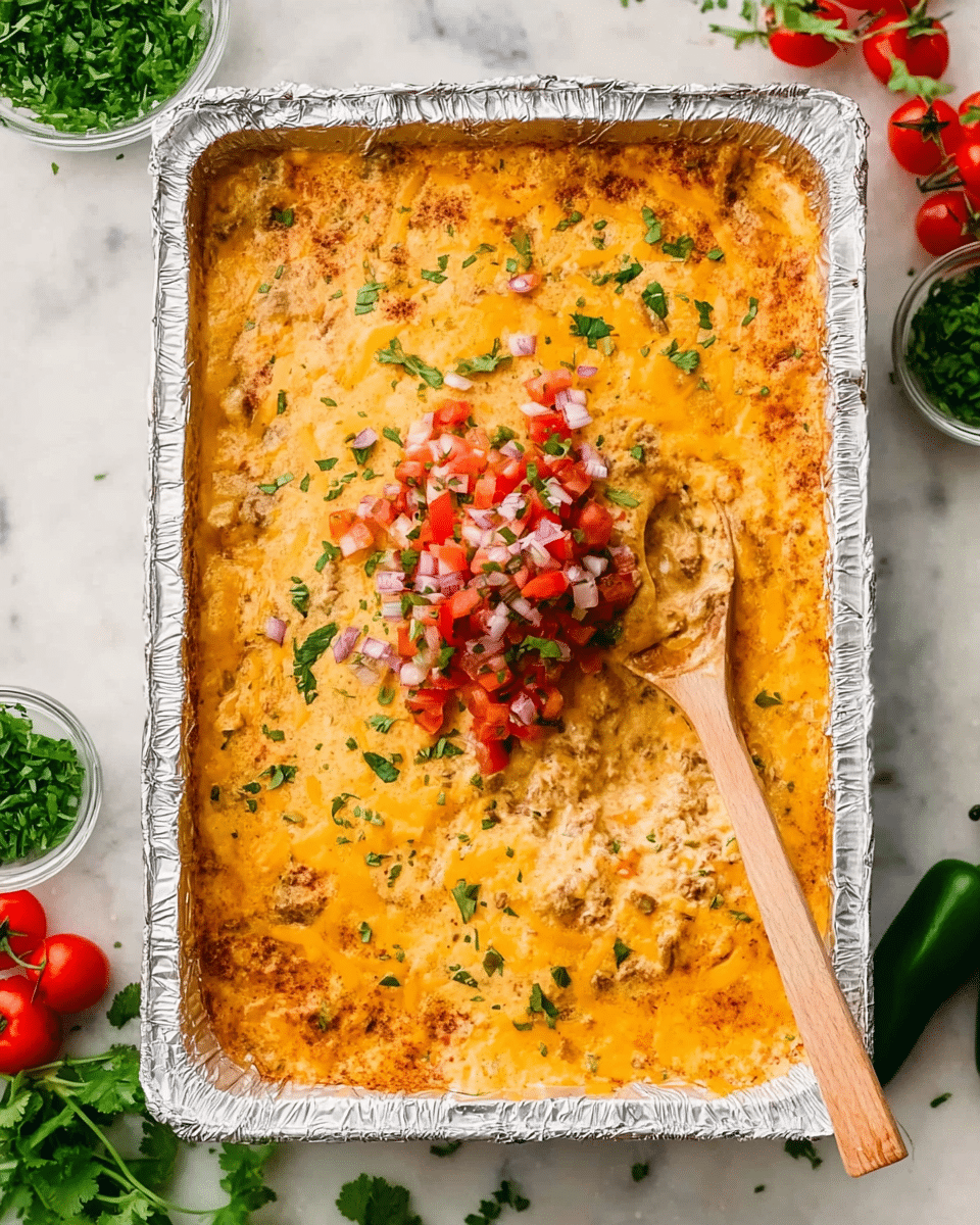 The image shows a rectangular foil tray filled with a creamy cheese mixture that covers a base with small pieces of green herbs and bits of meat or vegetables peeking through. The top layer of melted cheese is golden orange with some browned spots and scattered green herbs. In the center, there is a colorful mound of diced tomatoes, onions, and cilantro, adding a fresh topping contrast. A wooden spoon is placed into the dish on the right side, held by a woman's hand. The foil tray is on a white marbled surface, with small bowls of green chopped herbs and fresh whole red tomatoes and green chili peppers placed around it. Photo taken with an iphone --ar 4:5 --v 7