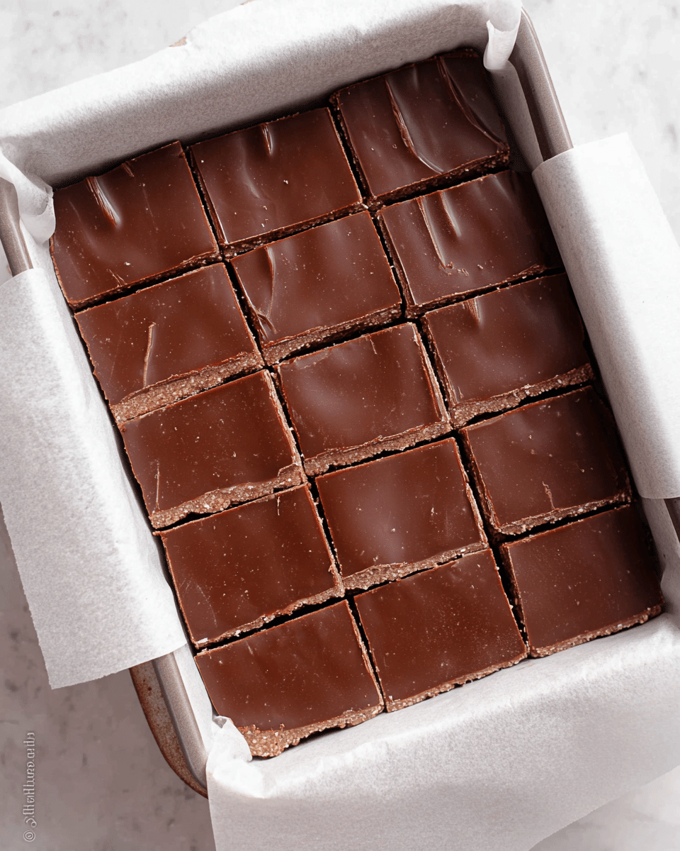 The image shows a square baking pan lined with white parchment paper containing 16 evenly cut chocolate bars arranged in a 4x4 grid. Each bar has two visible layers: a smooth, shiny dark chocolate top layer with a slight reflection and a thicker, lighter brown bottom layer with a grainy texture. The chocolate layer has some delicate texture variations and subtle sheen, while the bottom layer looks dense and firm. The pan rests on a white marbled surface that gives a clean and bright background. The paper lining curves up slightly around the edges of the pan, giving a homemade feel. photo taken with an iphone --ar 4:5 --v 7