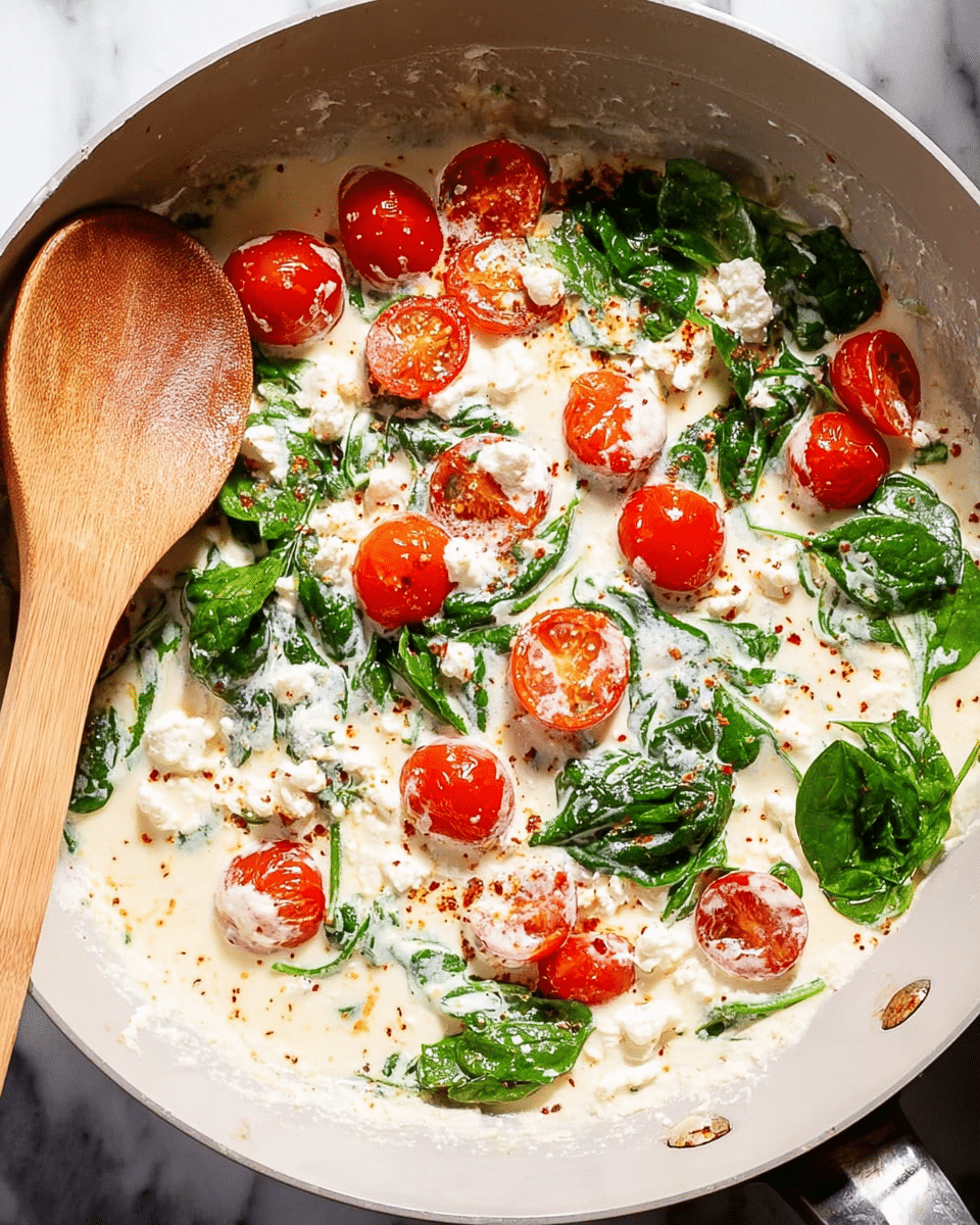 The image shows a white pan with a creamy white sauce spread unevenly across the bottom, mixed with bright red cherry tomatoes and fresh dark green spinach leaves scattered around. Some small chunks of white cheese are sprinkled lightly over the sauce and vegetables, creating a textured, slightly melting look. A wooden spoon rests on the left side of the pan, partly touching the sauce and greens. The background is a white marbled surface, and the scene has a cozy, home-cooked feel. Photo taken with an iphone --ar 4:5 --v 7