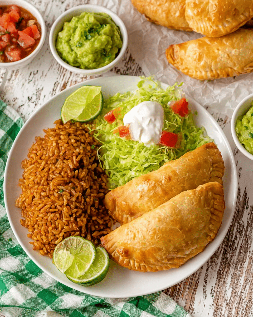 The image shows a white plate on a wooden table with two golden-brown empanadas placed on the right side. To the left of the empanadas is a mound of reddish-brown seasoned rice. Below the rice, there is a small bed of bright green shredded lettuce topped with a dollop of white sour cream and scattered pieces of red tomato. Two bright green lime wedges rest on the lettuce near the sour cream. Around the plate, there are small white bowls with green guacamole and red salsa, a lime wedge, and some more empanadas on a piece of parchment paper. The scene is set on a white marbled surface with a green and white checkered cloth visible in the bottom left corner. Photo taken with an iphone --ar 4:5 --v 7