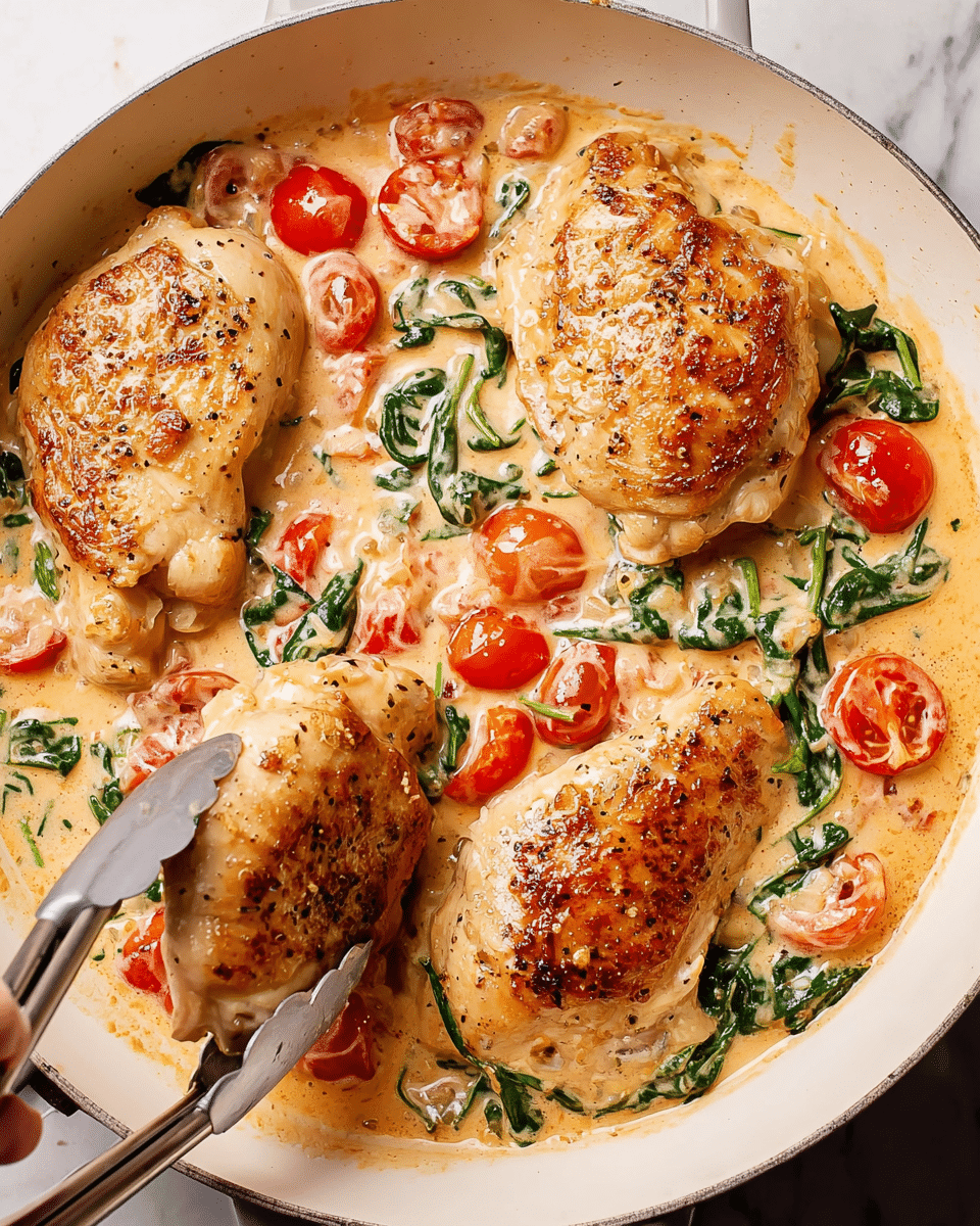 The image shows four golden-brown chicken pieces cooking in a white pan filled with a creamy sauce. The sauce is light orange in color and mixed with bright red cherry tomatoes and green leafy spinach spread throughout. The chicken pieces are placed on top of the sauce, with one piece being held by a pair of metal tongs in a woman's hand at the bottom left corner. The background is a white marbled surface visible around the pan. photo taken with an iphone --ar 4:5 --v 7