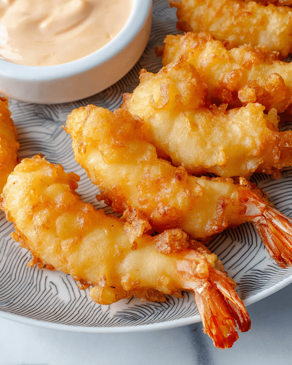 The image shows four pieces of golden fried shrimp arranged horizontally on a white plate with gray circular patterns, resting on a white marbled surface. Each shrimp is covered in a light, bubbly batter that is golden-yellow and slightly crisp, with the orange-pink shrimp tails visible at the right edges. In the top left corner, there is a small white bowl filled with creamy pale pink dipping sauce that has a smooth texture. The close-up view highlights the crispy texture and warm colors of the fried shrimp. photo taken with an iphone --ar 4:5 --v 7