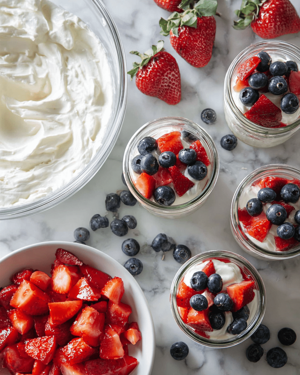 The image shows four small clear glass jars each filled with a bottom layer of white creamy mixture, topped with bright red strawberry pieces and dark blue blueberries. Around the jars, there are loose blueberries and several whole strawberries with green tops on a white marbled surface. On the left side, a large glass bowl contains smooth white cream with a thick texture. Below the bowl, a white bowl filled with more chopped strawberry pieces is visible. The overall scene is bright with fresh fruit and creamy layers standing out clearly. Photo taken with an iphone --ar 4:5 --v 7