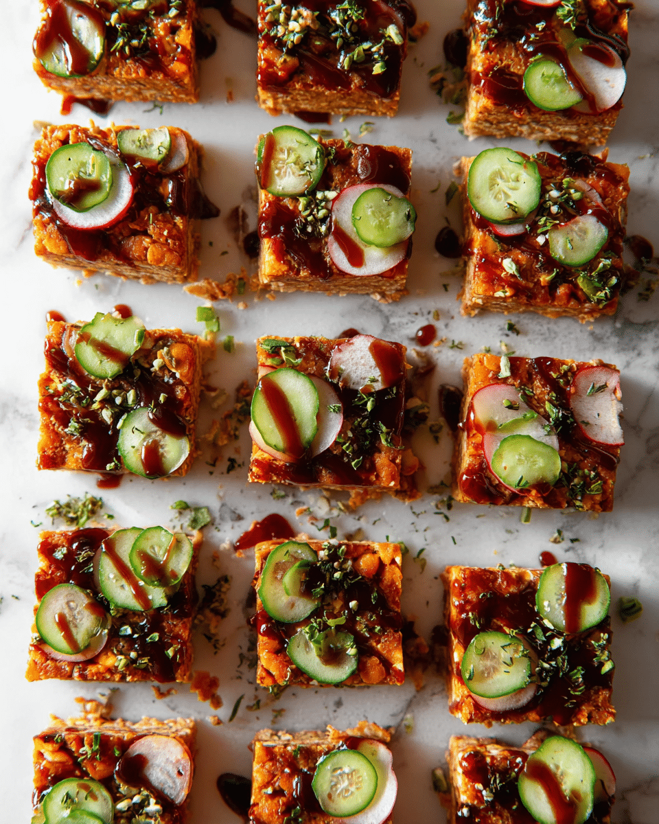 The image shows many square-shaped orange snack bars arranged in rows on a white marbled surface. Each bar has two thin layers of colorful vegetable slices on top, including green cucumber rounds and light red radish slices. A dark brown sauce is drizzled over the top of each bar, creating shiny spots and streaks. Small bits of green herbs and white seeds are sprinkled over the bars and the surface, adding texture. The bars look dense and slightly crumbly with a rough texture. photo taken with an iphone --ar 4:5 --v 7