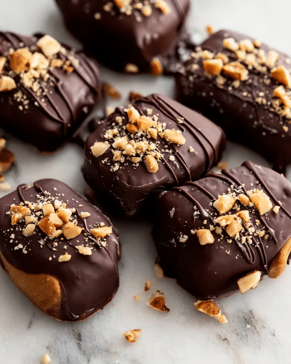 The image shows many chocolate-covered peanut butter bites placed closely on a white tray over a white marbled surface. Each bite is oval-shaped and fully coated in a smooth, dark brown chocolate layer, with a thin drizzle of chocolate across the top in a slightly darker shade. On the surface of each bite, small pieces of crushed nuts are scattered, adding texture and color contrast in light brown tones. In the background, there is a dollop of light brown peanut butter with a woman’s hand holding a silver spoon, capturing a natural and fresh feel. Photo taken with an iphone --ar 4:5 --v 7