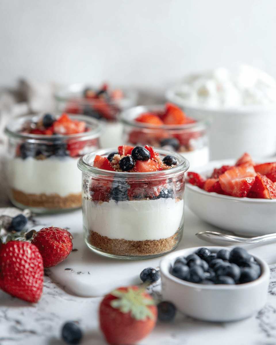 The image shows several small clear glass jars filled with a three-layer dessert. The bottom layer is a light brown crumbly crust, the middle layer is thick white cream, and the top layer consists of mixed fresh berries including red strawberries and dark blueberries. Around the jars, there are loose blueberries and strawberries on a white marbled surface, along with a white bowl of chopped strawberries and a larger white bowl with whipped cream in the background. A woman's hand is holding one of the jars. The overall setting is bright with soft natural light. photo taken with an iphone --ar 4:5 --v 7