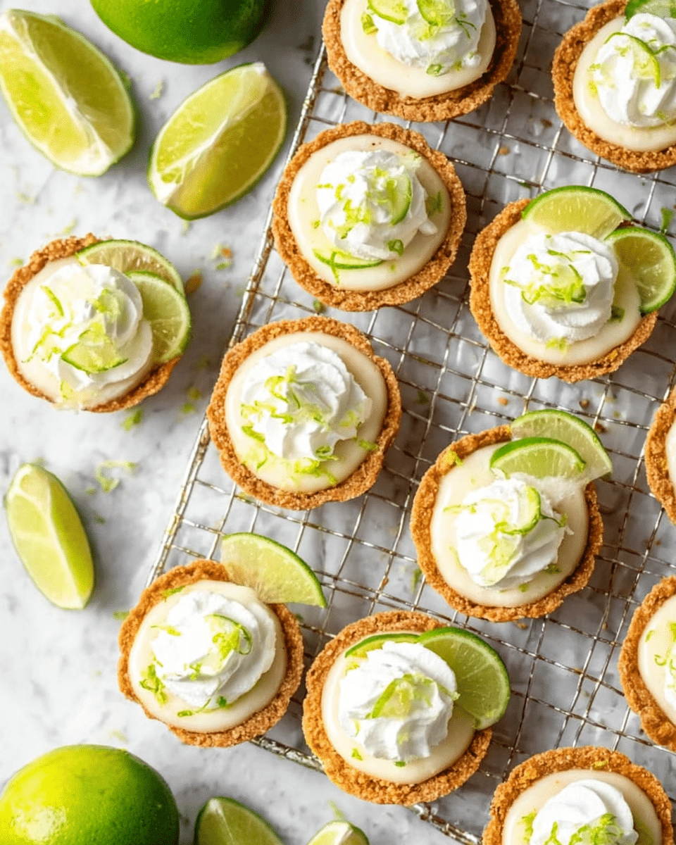 The image shows several small round tarts arranged on a metal cooling rack over a white marbled surface. Each tart has a golden, crumbly crust as the base layer with a creamy white filling on top. Every tart is decorated with a thin, round slice of green lime placed slightly off-center, and a dollop of white cream sits on the lime slice. There are some small green lime zest sprinkles scattered over the cream. Around the rack, whole bright green limes and a wedge of lime are visible, adding fresh color contrast. A soft green-and-white striped cloth is partially seen on the right side. Photo taken with an iphone --ar 4:5 --v 7