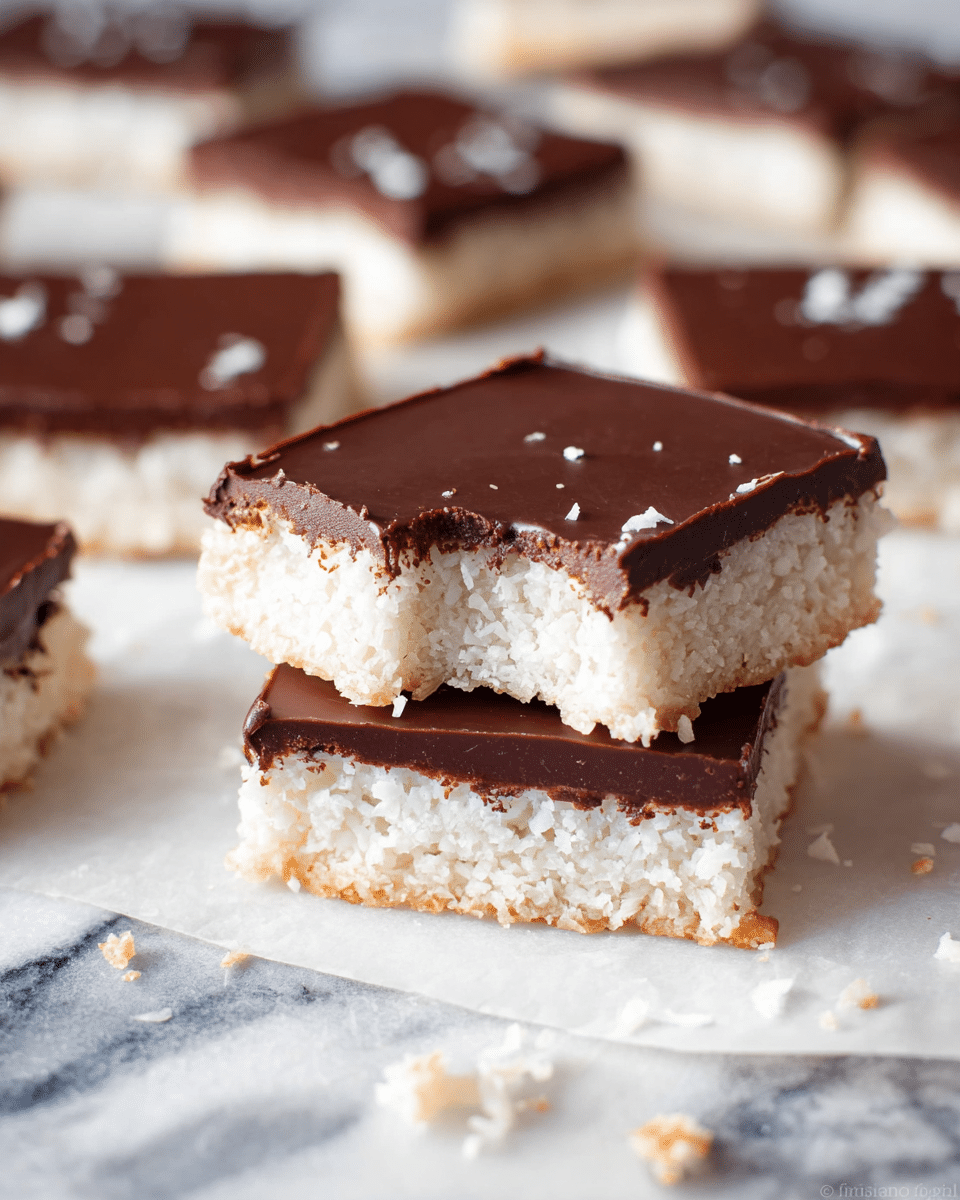 The image shows several square coconut bars with two clear layers on a white marbled surface. The bottom layer is thick, textured, and white, made from shredded coconut, slightly crumbly around the edges. The top layer is a smooth, shiny dark chocolate coating, evenly spread over the coconut base. One bar, stacked on another, has a bite taken out of it, showing the soft coconut inside beneath the glossy chocolate. Small bits of coconut crumbs are scattered around the bars, and the background is softly blurred with more bars scattered in soft focus. photo taken with an iphone --ar 4:5 --v 7
