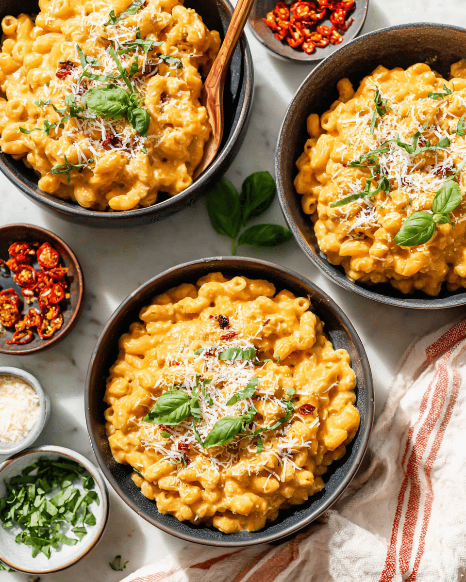 The image shows three bowls filled with creamy, orange-colored macaroni and cheese topped with grated white cheese and small fresh green basil leaves scattered on top. The macaroni pasta has a smooth, thick texture coated fully with the rich sauce. Each bowl is dark colored, creating a strong contrast with the bright food inside. There is a wooden spoon placed inside the bowl at the top left. Around the bowls, small dishes hold green chopped herbs and dried red and yellow tomatoes. A white marbled surface and a white cloth with red stripes form the backdrop, with a bright, natural light giving the image a fresh look. photo taken with an iphone --ar 4:5 --v 7
