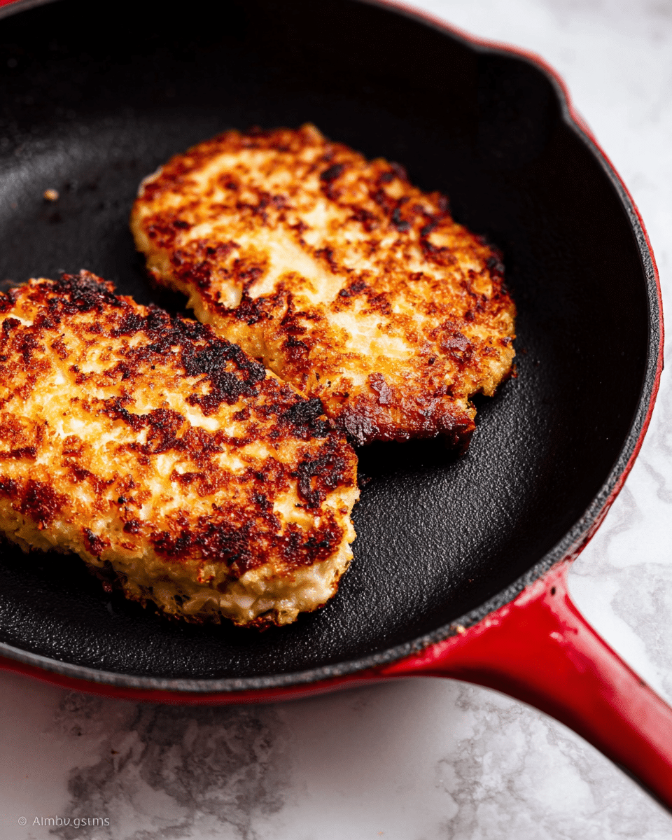 The image shows two golden-brown fried patties lying flat inside a black cast iron skillet with a red outer edge and handle, placed on a white marbled surface. The patties have a crispy, uneven texture with areas of darker and lighter browning, showing a crunchy crust. The skillet takes up most of the frame, and the patties are positioned close to each other in the center. photo taken with an iphone --ar 4:5 --v 7