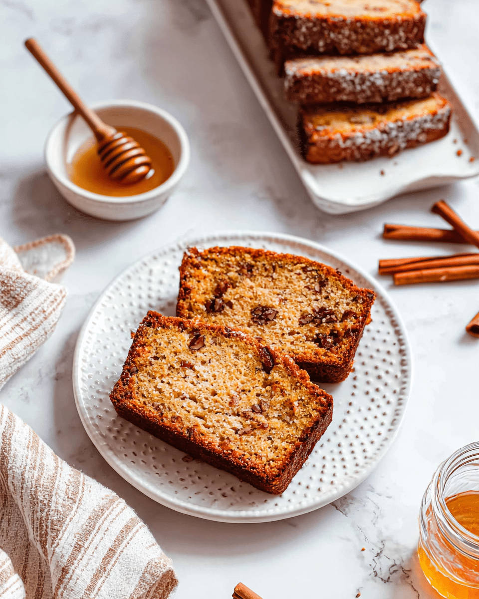 The image shows two thick slices of nut bread on a white plate with a dotted edge, placed on a white marbled surface. The bread slices are golden brown with a crumbly texture and darker spots from nuts inside. Behind the plate, there are three more slices stacked on a white rectangular tray, showing a rough crust dusted with sugar. To the top left, a small white bowl contains honey with a wooden honey dipper resting in it, and to the bottom right, three cinnamon sticks partly inside and outside a small clear glass jar are visible. A striped beige and white cloth is casually draped on the left side. The scene is bright and clean with natural light. photo taken with an iphone --ar 4:5 --v 7