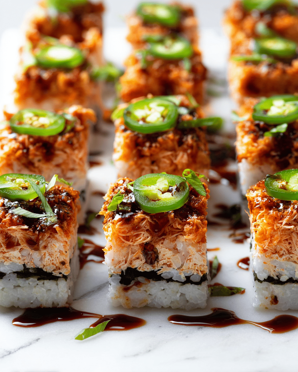 This image shows several square sushi pieces arranged in rows on a white marbled surface. Each sushi piece has three visible layers: a bottom white rice layer with a sticky texture, a middle dark seaweed layer thinly wrapped, and a thick top layer of bright orange shredded seafood or fish with a coarse texture. On top of each piece, there are green sliced scallions and thin slices of green jalapeño. Dark glossy sauce is drizzled over the top and sides of the sushi pieces, pooling slightly at the base. The overall look is colorful and fresh with contrasting textures. photo taken with an iphone --ar 4:5 --v 7