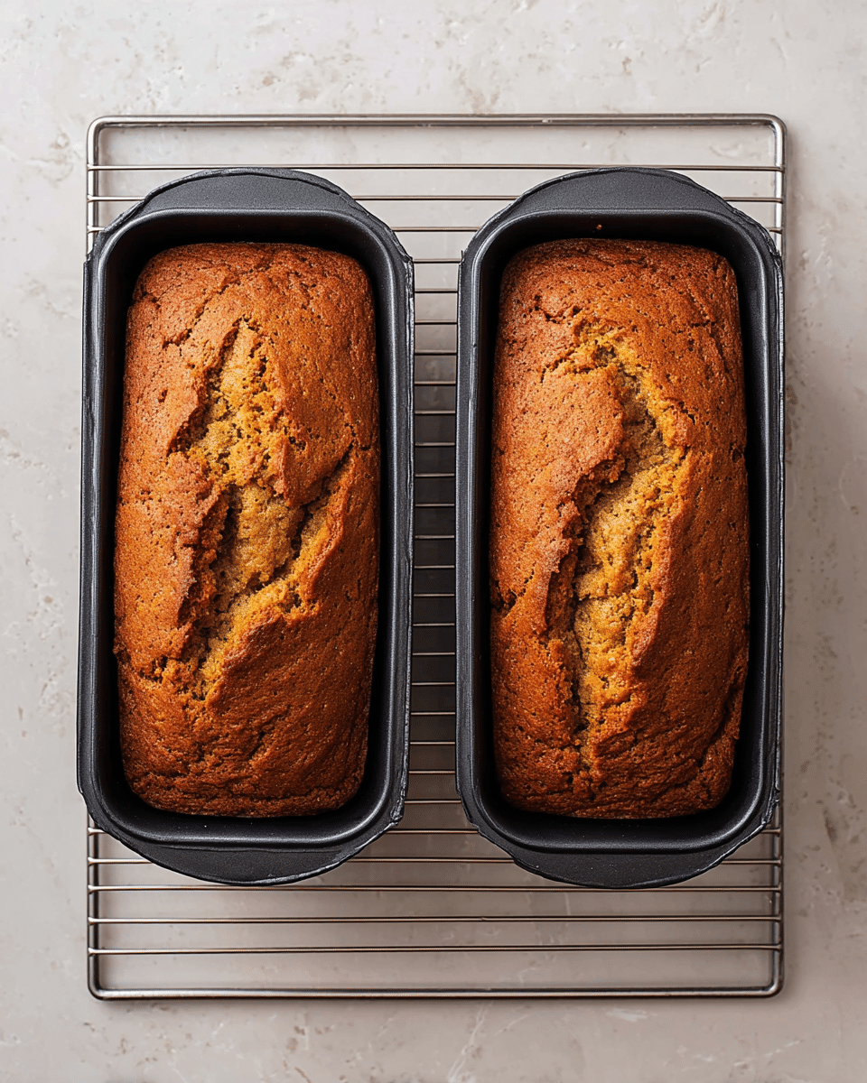 Two freshly baked brown quick breads sit side by side in black loaf pans on a metal cooling rack. Each loaf has a cracked, golden brown crust with a slightly rough texture on top, showing a tender soft inside. The cooling rack rests on a white marbled texture surface. photo taken with an iphone --ar 4:5 --v 7