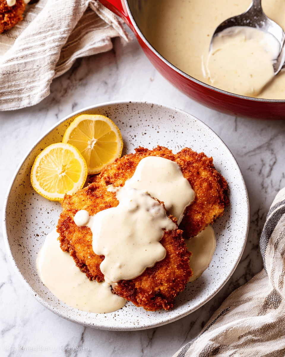 Two golden brown fried chicken pieces with a crispy texture sit on a white speckled plate. Each chicken piece has a creamy white sauce layered generously on top, with some of the sauce spilling over the edges. Two bright yellow lemon wedges are placed on opposite sides of the chicken pieces, adding a fresh contrast. Behind the plate, there is a red pan filled with more of the same creamy white sauce and a metal spoon resting inside. The scene is set on a white marbled surface with a beige cloth and a striped cloth nearby. photo taken with an iphone --ar 4:5 --v 7