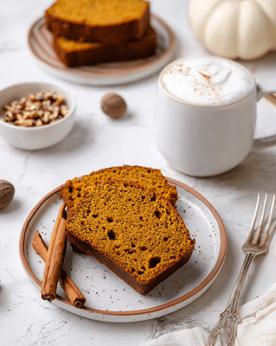 Two slices of golden brown pumpkin bread are stacked slightly off-center on a white speckled plate with a brown rim, showing a soft and moist texture with small holes throughout. Next to the plate are two cinnamon sticks and two whole nutmegs lying on a white marbled surface. Behind the plate, a small white bowl contains roughly chopped nuts, and more slices of pumpkin bread sit on another white speckled plate in the upper left. A white ceramic mug filled with frothy white drink, topped with a sprinkle of spice, is placed slightly behind the main plate, with a vintage silver fork resting nearby. In the background on the right, a smooth, white pumpkin adds a cozy autumn feel. photo taken with an iphone --ar 4:5 --v 7
