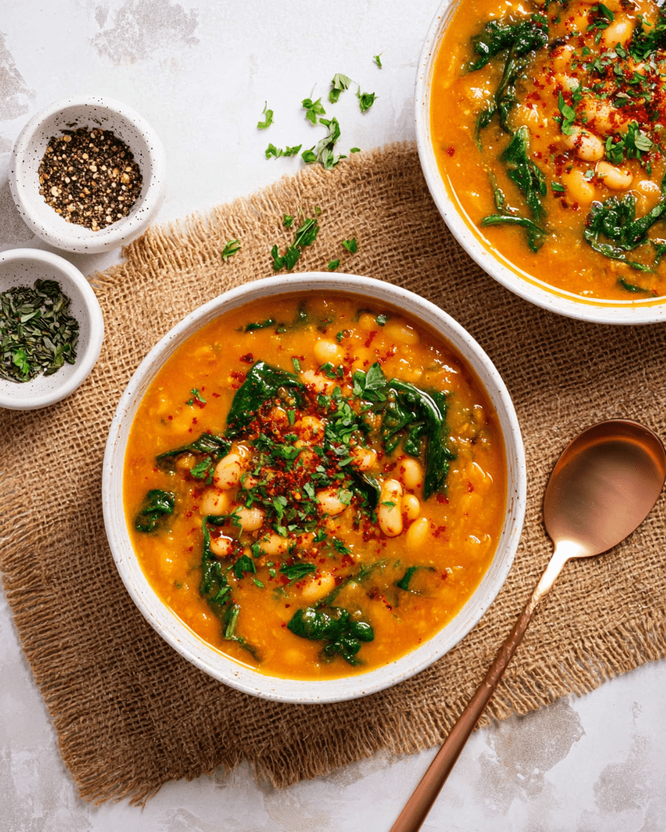 Two white bowls filled with thick orange soup layered with white beans and green spinach leaves. The soup surface has a sprinkle of red spice and chopped green herbs mainly centered on top. The bowls are set on a rough brown woven cloth placed on a white marbled surface. A rose-gold spoon lies near the main bowl, and there are small containers with black pepper and herbs near the bowls. Photo taken with an iphone --ar 4:5 --v 7