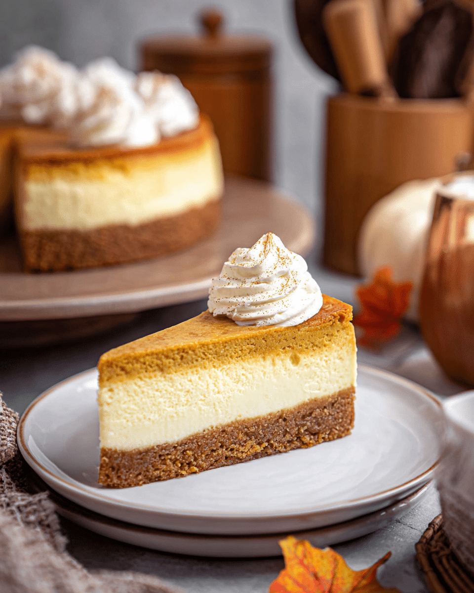 The image shows a slice of layered pumpkin cheesecake being lifted with a metal cake server, with another slice placed on a round wooden board underneath. The cheesecake has three visible layers: a dark brown crumbly crust at the bottom, a thick creamy white cheesecake layer in the middle, and a smooth, light brown pumpkin layer on top. Each slice has a small dollop of white whipped cream on the top edge. The background is a white marbled surface. photo taken with an iphone --ar 4:5 --v 7