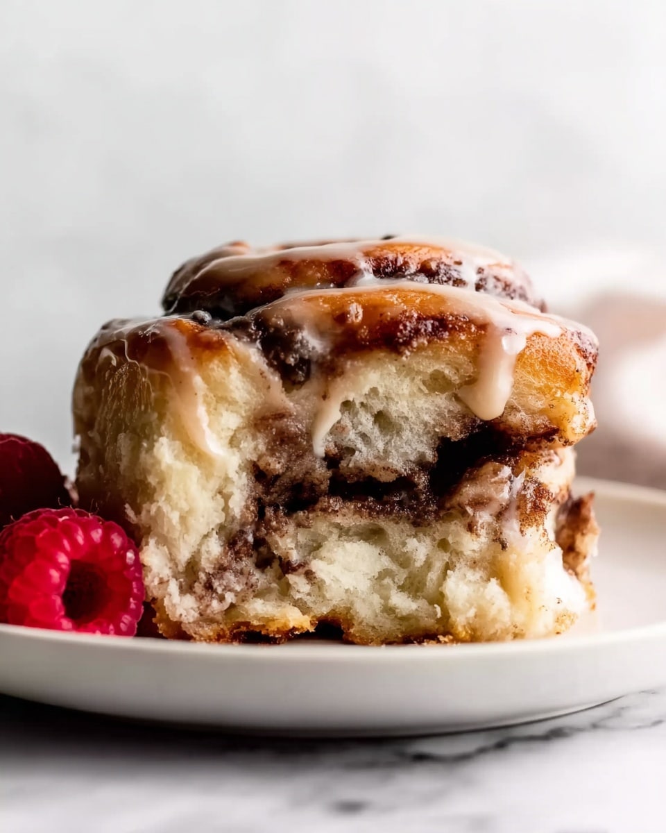 This image shows a close-up of a cinnamon roll slice on a white plate with a white marbled surface underneath. The cinnamon roll has three main layers: the bottom layer is soft, light beige dough with patches of dark cinnamon filling spread unevenly; the middle layer is a thicker part of dough with more swirls of dark brown cinnamon; the top layer is a golden-baked, slightly crusty dough with a smooth, light brown glaze dripping down its side. Next to the roll on the plate, there is a bright red raspberry adding a pop of color. The background is out of focus, keeping the cinnamon roll as the main point. photo taken with an iphone --ar 4:5 --v 7