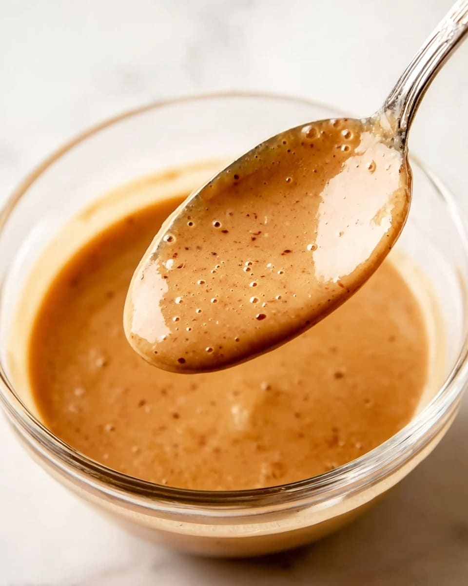 A close-up image of a spoon holding a thick, smooth, light brown sauce with tiny dark specks throughout. The spoon is positioned above a clear glass bowl with the same sauce inside, showing a glossy and creamy texture with a warm color. The background is a white marbled surface. The image captures the sauce’s rich and creamy look with small bubbles and a shiny finish photo taken with an iphone --ar 4:5 --v 7