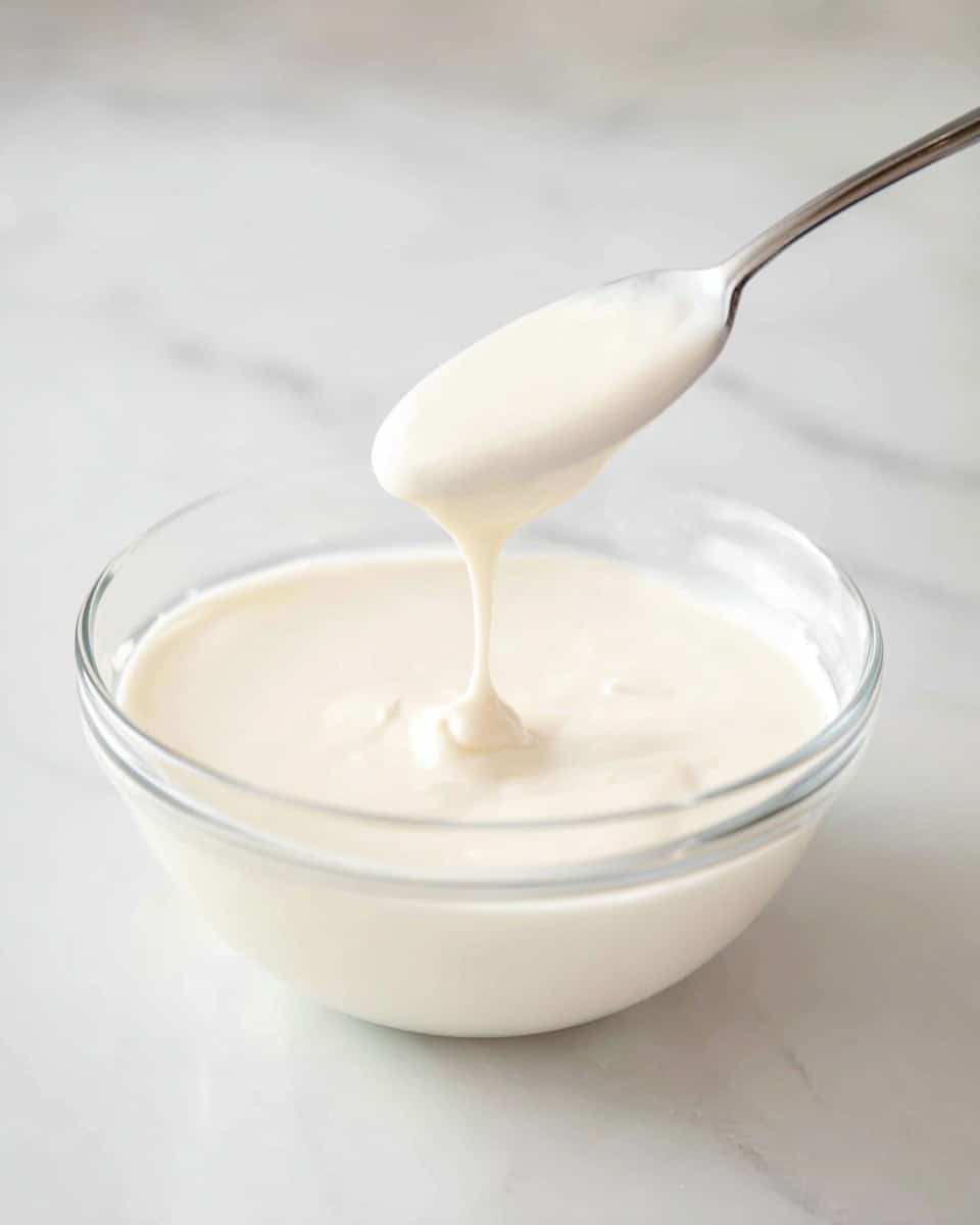 A clear glass bowl filled with a smooth, creamy white sauce. A spoon lifts some of the sauce, showing its thick and glossy texture as it gently falls back into the bowl. The scene is set on a white marbled surface, giving a clean and bright look to the image. photo taken with an iphone --ar 4:5 --v 7