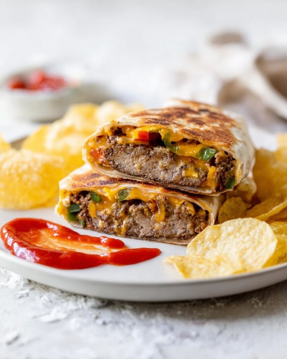 A close-up of a white plate on a white marbled surface holds a wrap cut in half and stacked, showing two thick layers of cooked meat with a slightly browned crust inside a soft, toasted tortilla. The wrap has melted orange cheese and pieces of green and red peppers inside. Crispy light yellow potato chips surround the wrap, and there are dollops of red sauce on the plate near the wrap. The plate is arranged casually, giving a fresh and tasty look. Photo taken with an iphone --ar 4:5 --v 7
