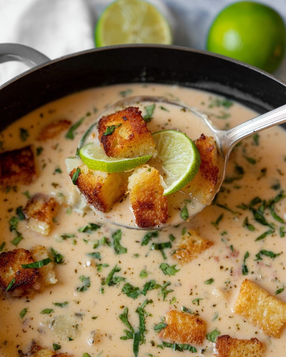 The image shows a close-up of a spoonful of creamy soup with chunks of golden-brown grilled cheese cubes floating in a light beige liquid with small specks of herbs and spices. On the spoon, there are three cheese cubes, two thin bright green lime slices, and small green cilantro leaves. The background shows more cheese cubes and herbs scattered throughout the soup inside a black pot. A whole lime rests on a white marbled surface in the background. The spoon has a light metallic tone and extends from the right side of the image. photo taken with an iphone --ar 4:5 --v 7