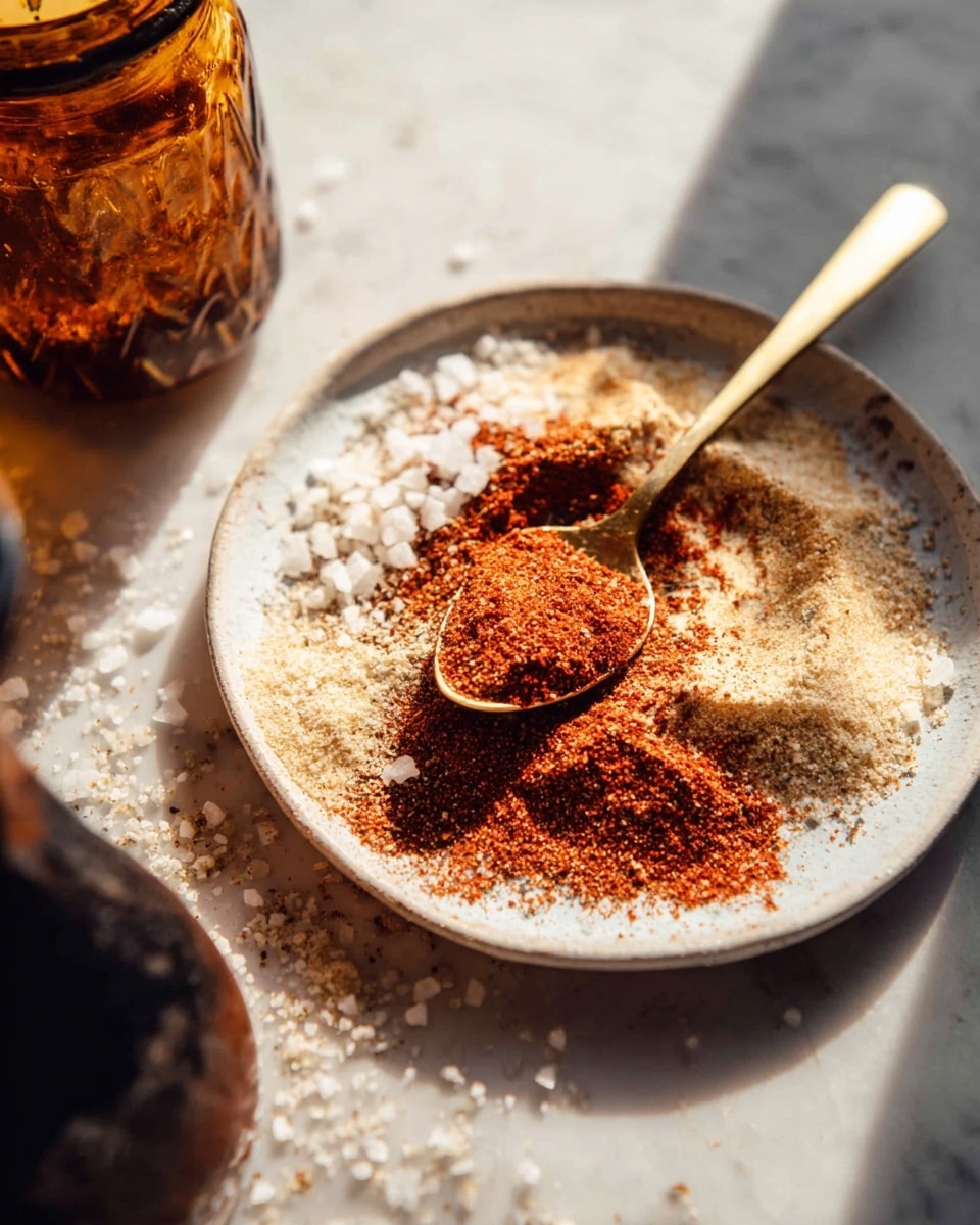 A shallow white plate holds a mix of spices with three main layers: a base layer of a coarse, pale beige powder, a thick middle layer of bright reddish-brown chili powder spread unevenly, and scattered crystals of white coarse salt on top, adding texture and shine. A gold spoon rests in the center of the plate, filled with a mix of all these spices that give it a grainy and colorful look. The plate is placed on a white marbled surface with scattered salt crystals around it, and warm sunlight casts soft shadows, creating a cozy atmosphere. In the background, there is a blurry amber glass jar. Photo taken with an iphone --ar 4:5 --v 7