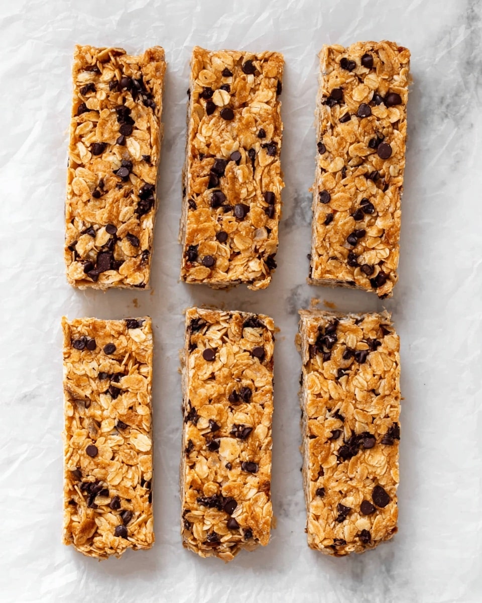 Five rectangular granola bars lie side by side on white parchment paper resting on a white marbled surface. Each bar has a rough texture made of oats and small chunks, with scattered dark chocolate chips adding contrast. The bars are golden-brown with a slightly sticky appearance, showing a mix of light and dark tones from the oats and chocolate pieces. The bars are evenly shaped and aligned vertically, creating a neat row. photo taken with an iphone --ar 4:5 --v 7