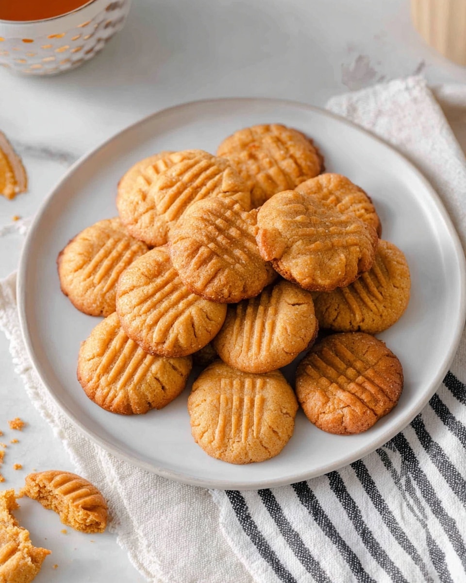 A white plate is filled with about twelve round golden brown cookies arranged closely together in one pile. Each cookie has a slightly shiny surface with a crisscross pattern pressed on top and scalloped edges. The plate sits on a white cloth with black stripes, which is placed on a white marbled surface. Near the plate, there are some cookie crumbs and a half-eaten cookie showing its soft, pale interior. In the background, there is a partially visible cup with tea. Photo taken with an iphone --ar 4:5 --v 7