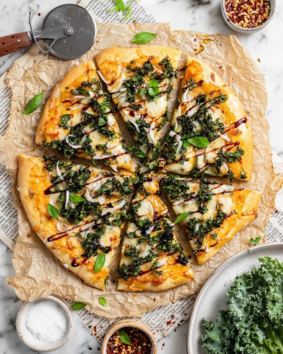 A round pizza is cut into eight slices, placed on crumpled brown parchment paper over newspaper on a white marbled surface. The pizza has a light golden crust with an orange tomato sauce base, covered by melted light yellow cheese. On top, there are scattered fresh dark green kale leaves, thin white onion slices, and bright green basil leaves. A dark balsamic glaze is drizzled over the pizza in thin lines. Around the pizza, there is a white plate with leafy kale, a metal pizza cutter with a wooden handle, scattered basil leaves, and small white bowls containing red pepper flakes and coarse salt. Photo taken with an iphone --ar 4:5 --v 7