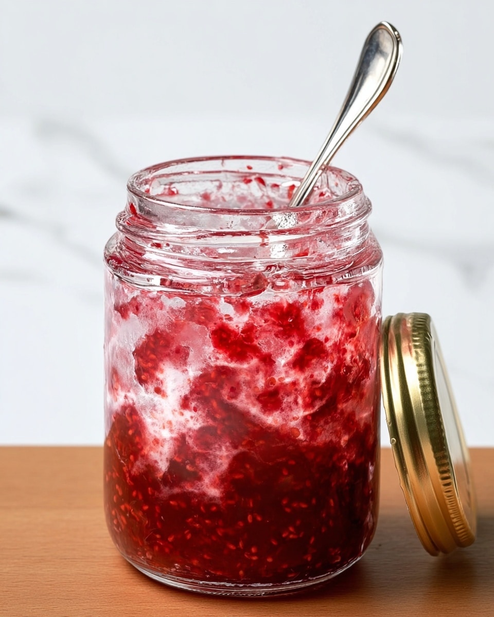 A clear glass jar filled with a mixture of chunky red fruit jam and translucent white ice, swirled together unevenly, creating a textured and slightly frosty look inside the jar. A metal spoon sticks out from the top of the jar. The jar lid, metallic and gold-colored, lies next to the jar on a wooden surface, all set against a white marbled background. Photo taken with an iphone --ar 4:5 --v 7