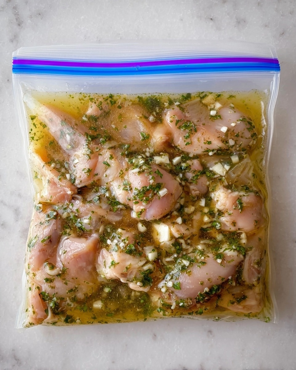 A clear plastic zip-top bag filled with raw chicken pieces submerged in a light yellow marinade with visible green herbs and small white garlic pieces spread evenly throughout. The chicken pieces show a pale pink color under the marinade, and the herbs add a speckled green texture on their surface. The bag is placed flat on a white marbled surface, with the zip lock blue and purple at the top clearly visible, and the marinade giving a slightly glossy and wet look to the chicken inside. photo taken with an iphone --ar 4:5 --v 7