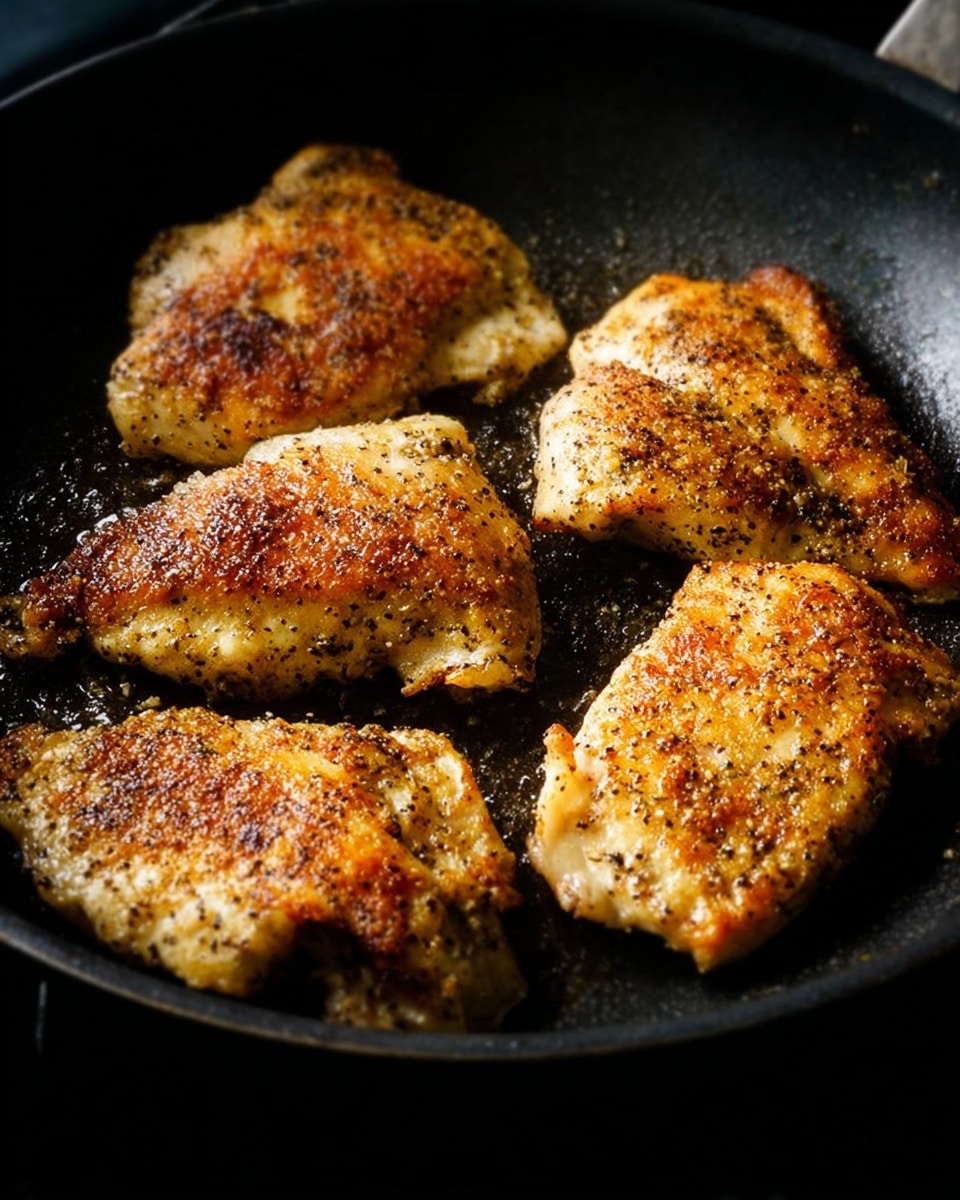 A black frying pan holds five pieces of cooked chicken with a golden brown and pepper-speckled crust, each piece showing a slightly rough, crispy texture. The chicken pieces are spread across the pan, some overlapping slightly, with browned spots giving a sense of searing and tenderness. The background and surface are dark, highlighting the warm tones of the chicken skin. Photo taken with an iphone --ar 4:5 --v 7