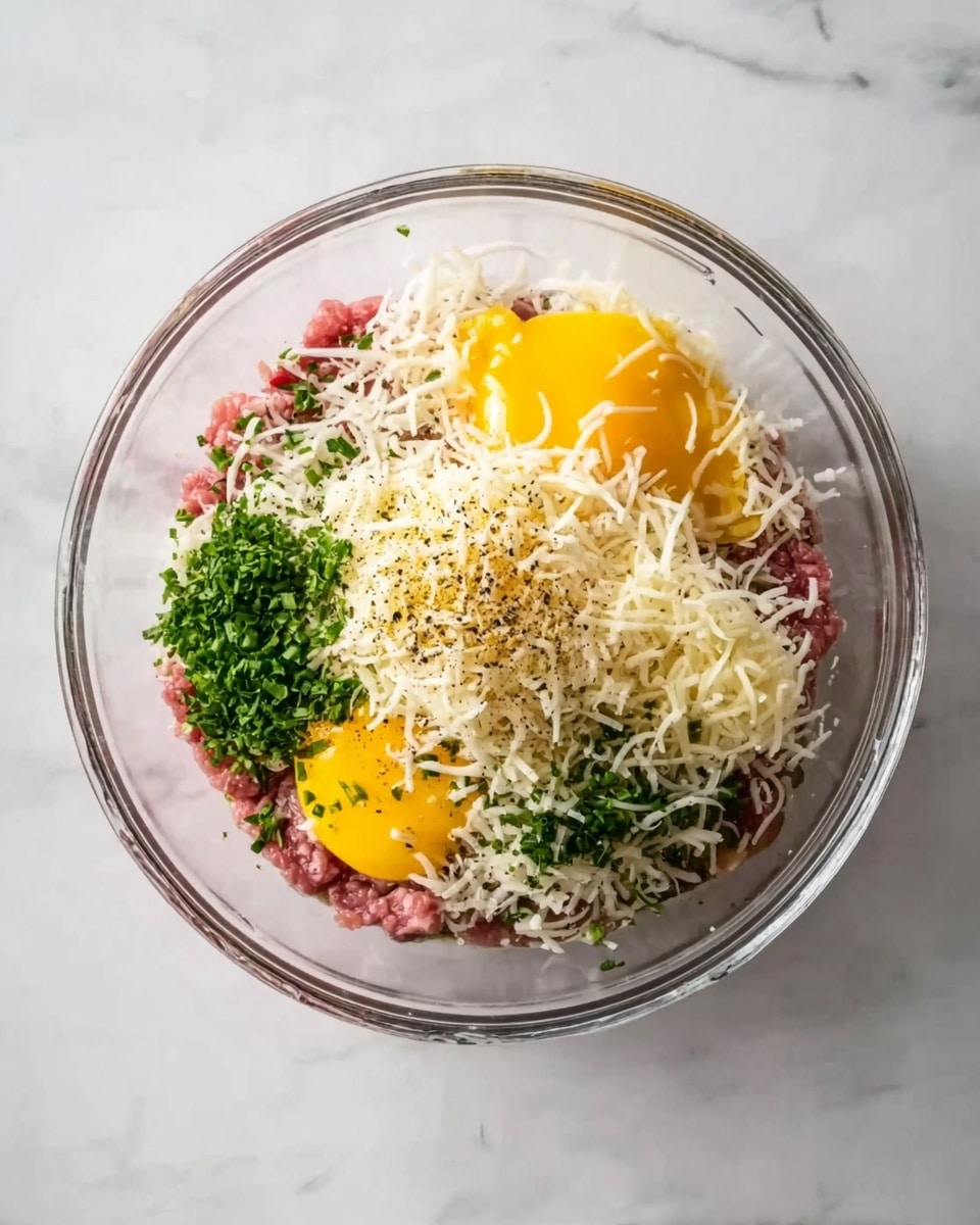 A clear glass bowl on a white marbled surface holds a mix of ingredients layered inside. At the bottom, there is light pink raw ground meat. On top of that, there are bright yellow egg yolks mostly hidden under a pile of white shredded cheese that covers much of the center. Sprinkled around the cheese and egg, green chopped herbs add small fresh touches. There are also some darker specks of black pepper spread over the top, giving a bit of contrast. Photo taken with an iphone --ar 4:5 --v 7