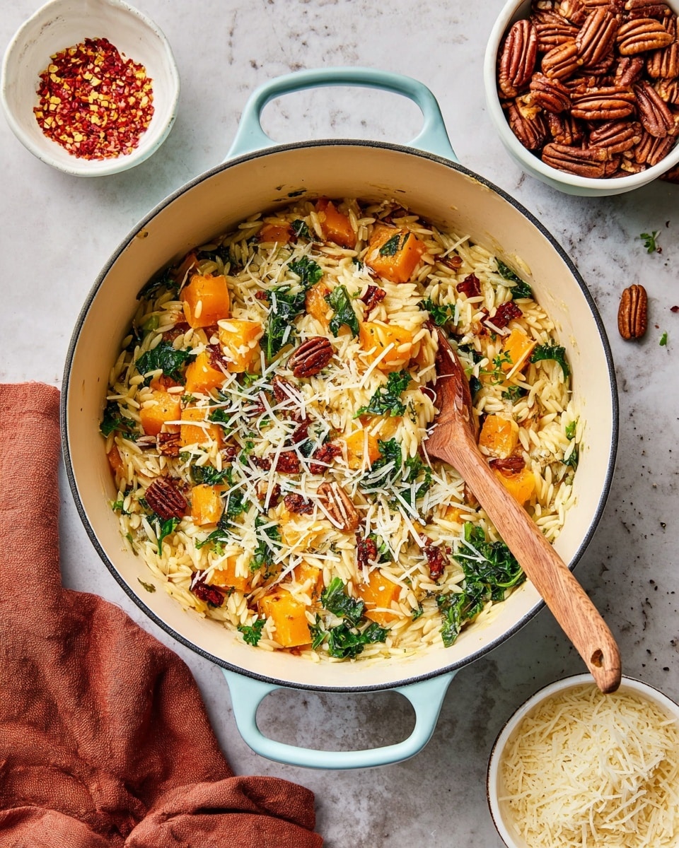 A large white pot with light blue handles holds a creamy orzo pasta dish with small pale yellow pastas mixed with bright orange cubed squash, dark toasted pecans, and green kale leaves. The dish is topped with a light layer of shredded white cheese and small red pepper flakes. A wooden spoon is placed inside the pot on the right side. Around the pot, there is a white scalloped bowl with red crushed chili flakes above on the left, a white bowl with toasted pecans on the right, and a small white bowl filled with shredded white cheese on the far right. The surface is a white marbled texture with a rust-colored cloth napkin partially visible on the left. photo taken with an iphone --ar 4:5 --v 7