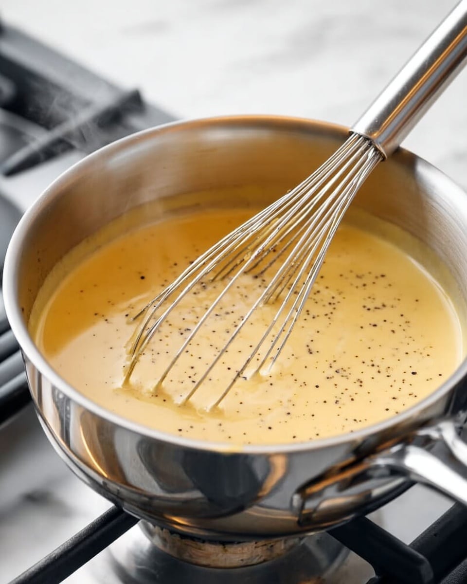 A shiny silver pot sits on a stove with a smooth, yellow mixture inside. The mixture is creamy and light with small black specks sprinkled on the surface. A silver whisk is stirring the liquid, with its shiny wires partially submerged. The background shows the stove burners blurred out, with some steam gently rising from the pot. The whole scene is on a white marbled texture surface. photo taken with an iphone --ar 4:5 --v 7