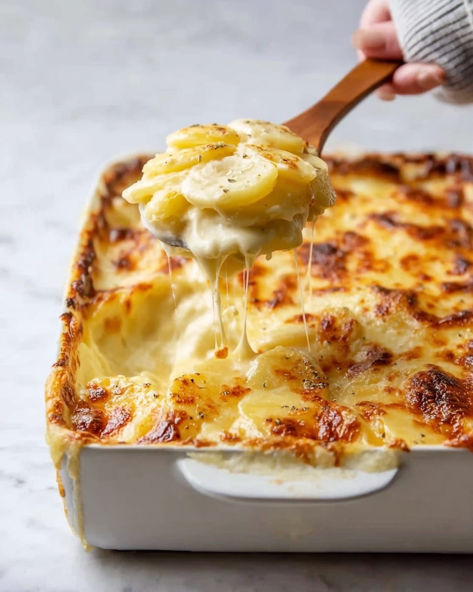 The image shows a white rectangular baking dish filled with a creamy potato gratin. The top layer is golden brown and bubbly, indicating melted cheese baked to a light crisp. Beneath the crust, thick, creamy slices of pale yellow potatoes are visible, coated in sauce with strings of melted cheese stretching from the dish to a wooden spoon lifting a scoop. The dish sits on a white marbled surface, and a woman's hand is gently holding the dish handle in the corner. photo taken with an iphone --ar 4:5 --v 7