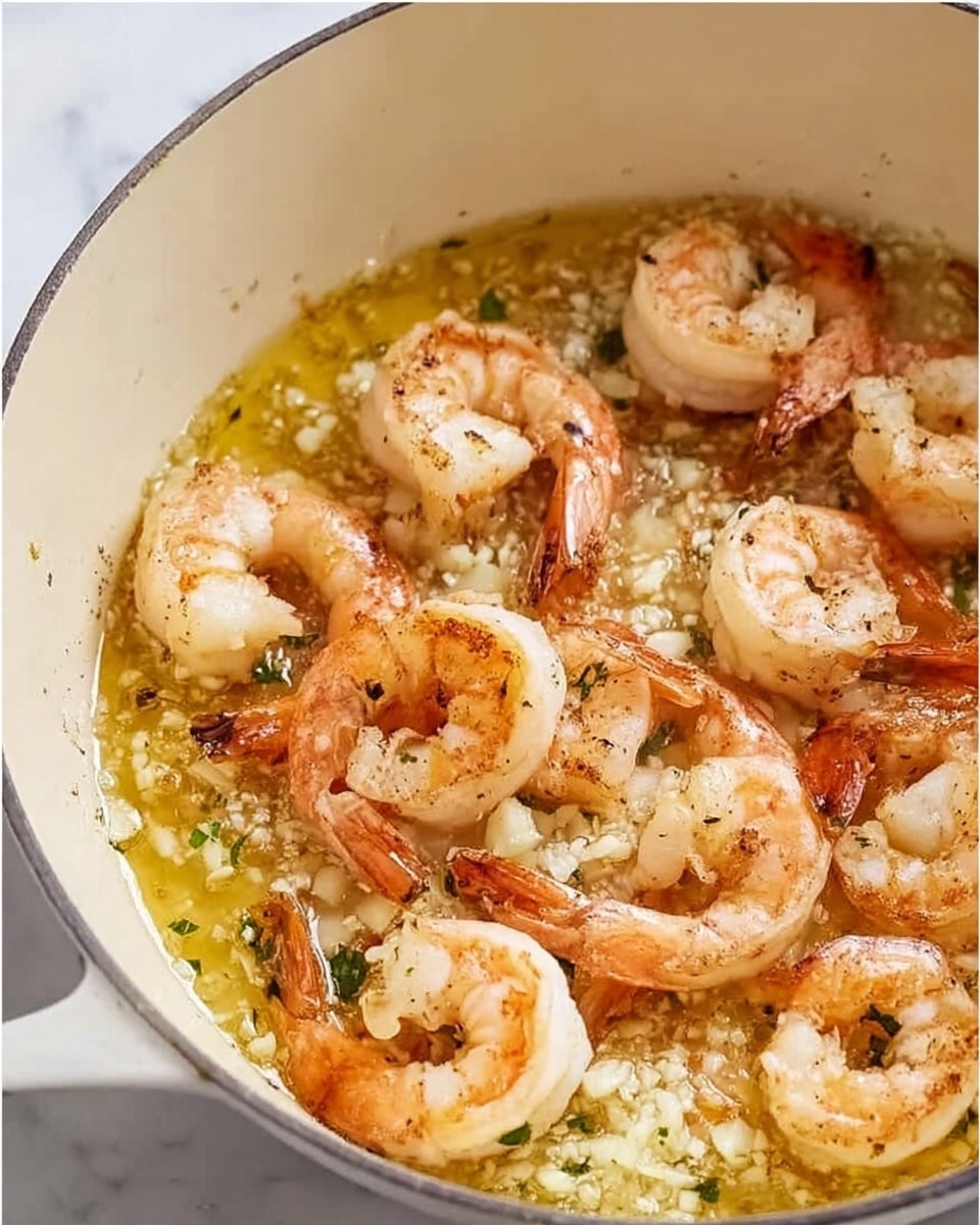 The image shows a white pot filled with several grilled shrimp that are pink with slight brown grill marks, placed on top of a layer of finely chopped white garlic in a light yellow oily sauce that covers the bottom of the pot. The shrimp are arranged loosely, some overlapping, and the glossy sauce around them has small bubbles and a shiny texture. The background surface is white marble. photo taken with an iphone --ar 4:5 --v 7