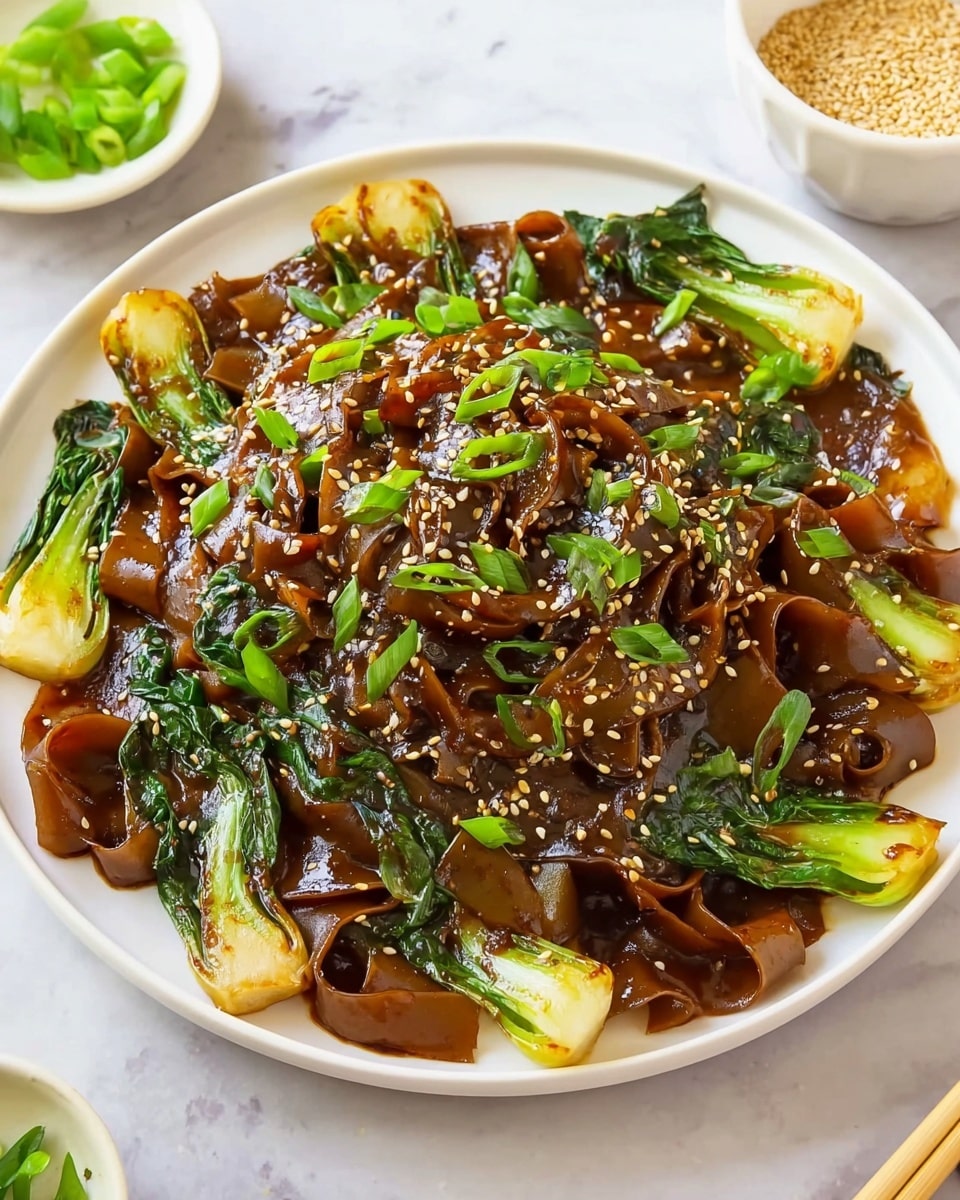 A white round plate filled with dark brown wide flat noodles covered in a shiny thick sauce, mixed with green bok choy leaves and stems. The noodles are curled and layered in the center, surrounded by the bok choy arranged around them. The dish is topped with small bright green chopped spring onions and sprinkled with light tan sesame seeds. The plate sits on a white marbled surface with a small white bowl of sesame seeds and some green onion pieces nearby. photo taken with an iphone --ar 4:5 --v 7