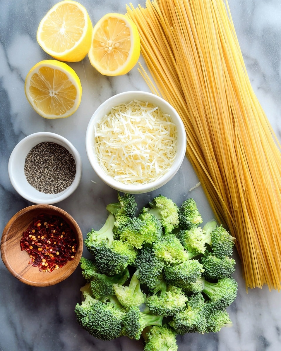 The image shows an arrangement of fresh ingredients on a white marbled surface. On the right side, there is a bundle of uncooked yellow spaghetti noodles stacked neatly. Below and to the right, there are many bright green broccoli florets scattered loosely. At the top left, a white bowl is filled with shredded pale yellow cheese. Below it, another white bowl holds coarse black pepper. At the bottom left, a small wooden bowl contains red chili flakes. Above the spaghetti, there are two halves of a bright yellow lemon. photo taken with an iphone --ar 4:5 --v 7