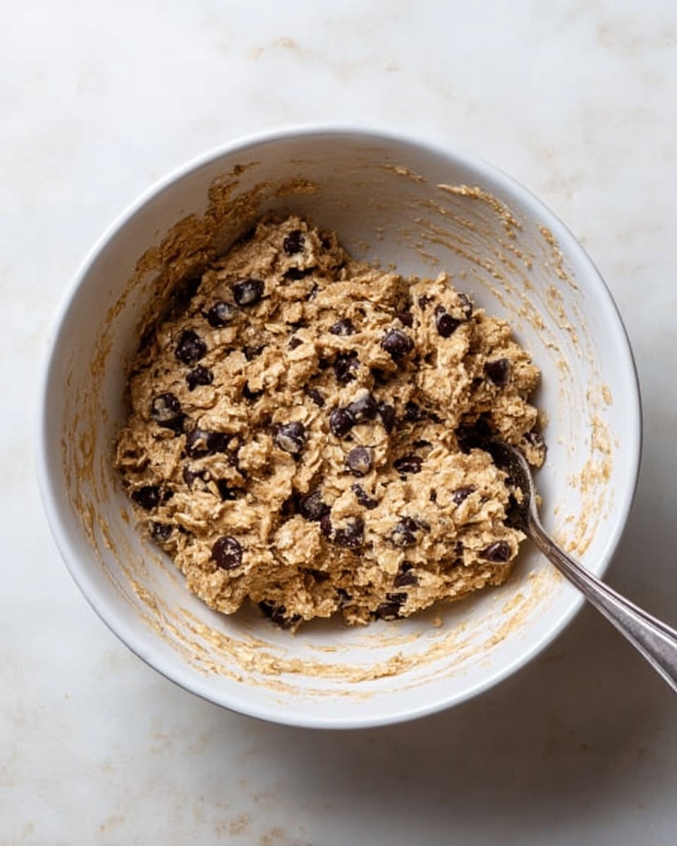 A white bowl filled halfway with a chunky oatmeal cookie dough mixed with dark chocolate chips sits on a white marbled surface. The dough is light brown with a rough, textured look from the oats and scattered shiny dark chocolate chips throughout. A metal spoon is partially buried in the dough, standing upright on the right side of the bowl. The bowl itself has clear traces of dough smeared thinly along its inner sides. photo taken with an iphone --ar 4:5 --v 7