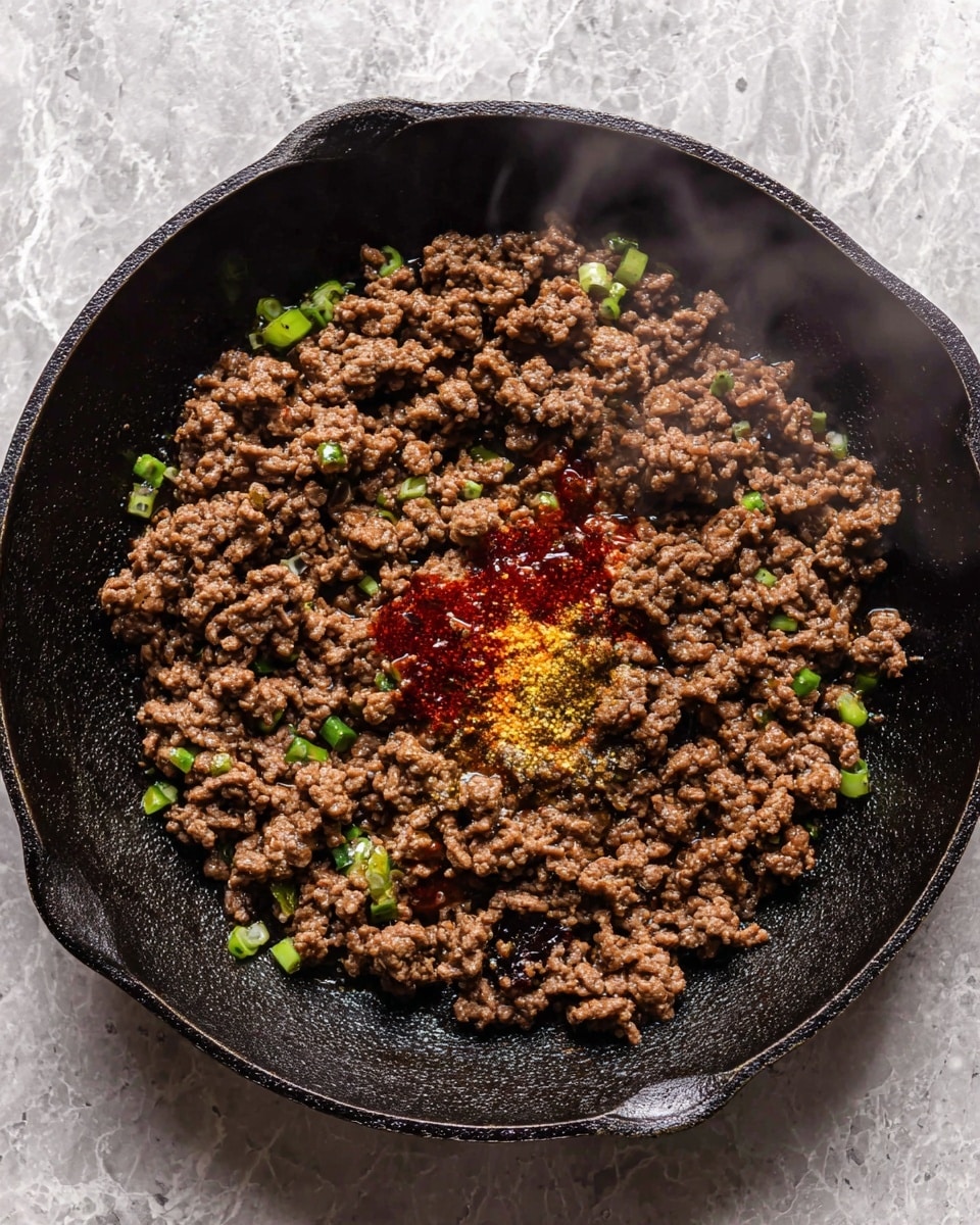 A black cast iron pan filled with cooked ground meat, spread evenly to cover most of the pan's base with some small pieces of green onion mixed in. In the center, there are small amounts of red sauce and yellow seasoning powders placed on top of the meat, creating a contrast. Steam rises slightly from the dish, showing it is hot. The pan sits on a white marbled surface. Photo taken with an iphone --ar 4:5 --v 7