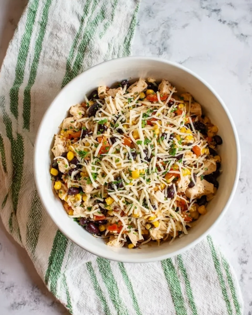 A white bowl filled with a colorful mix of food layers, starting with a base of small chunks of light beige chicken, mixed with small black beans, bright yellow corn, and small pieces of orange carrots, all topped with thin white shredded cheese sprinkled throughout and some green herbs scattered on top. The bowl sits on a white and green striped cloth, placed on a white marbled surface. Photo taken with an iphone --ar 4:5 --v 7