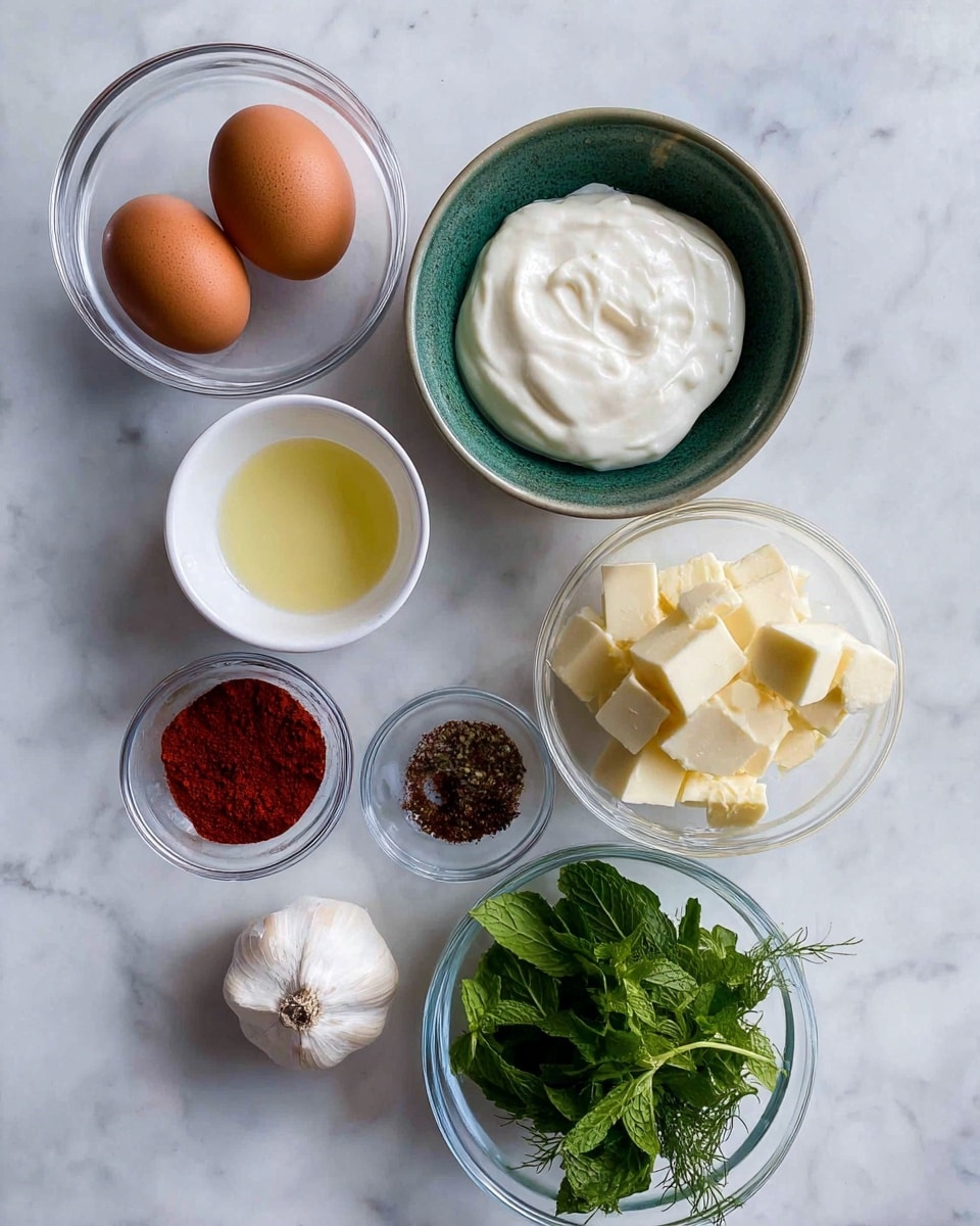 The image shows several small bowls and ingredients arranged neatly on a white marbled surface. There are two brown eggs in a clear glass bowl in the top left. Next to it, a green ceramic bowl holds a smooth, thick white creamy substance. Below the eggs, a small white bowl contains a light yellow liquid, and beneath that, a clear bowl is filled with chunks of pale yellow butter. In the center, a single garlic clove sits beside a small white bowl holding red and dark red spice powders. To the right, a clear glass bowl holds fresh green herbs that look like mint and dill. The setup looks clean and organized, ready for cooking. Photo taken with an iphone --ar 4:5 --v 7