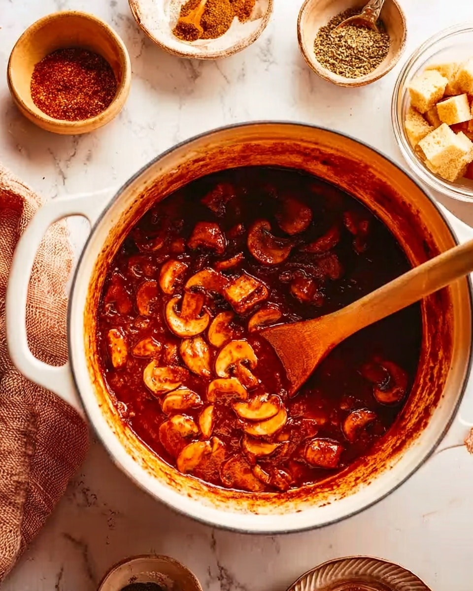 A white pot filled with small round mushroom slices in a rich, deep red sauce. A wooden spoon rests inside the pot, stirring the mushrooms. Around the pot, on a white marbled surface, there are small bowls containing different ingredients including bread cubes and spices. The scene has warm, bright lighting. photo taken with an iphone --ar 4:5 --v 7