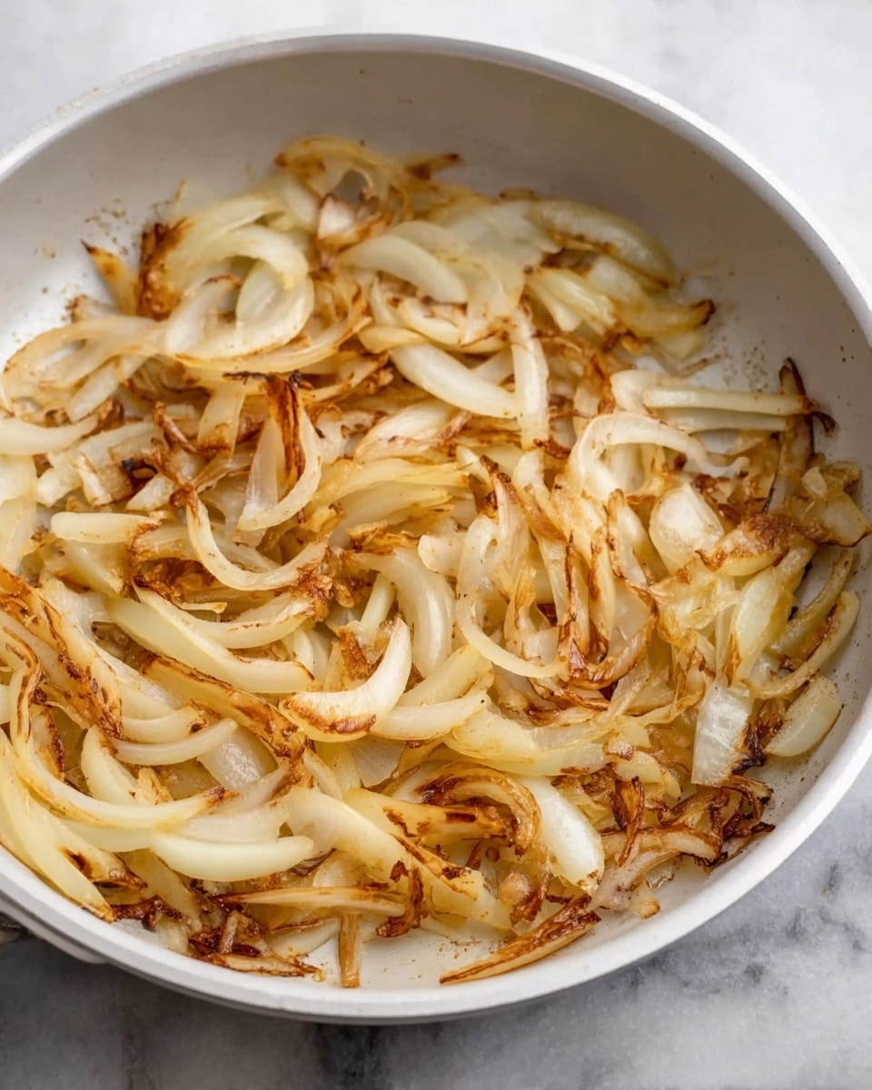 A white pan filled with sliced cooked onions, showing about two layers of thinly sliced onion pieces, lightly browned and caramelized on the edges, with some pieces more golden and crispy near the center. The onions have a soft texture and a mix of pale yellow and light brown color. The pan sits on a white marbled surface. photo taken with an iphone --ar 4:5 --v 7