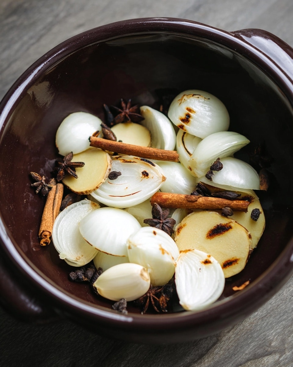The image shows a dark brown bowl with pieces of sliced white onions, some with light brown grilled marks, scattered inside. Alongside the onions, there are slices of pale yellow ginger with slightly browned edges, whole garlic cloves that have some light to medium brown roasted spots, and dark brown cinnamon sticks. Small dark brown seeds and cardamom pods add texture and detail. The bowl sits on a surface changed to a white marbled texture. photo taken with an iphone --ar 4:5 --v 7