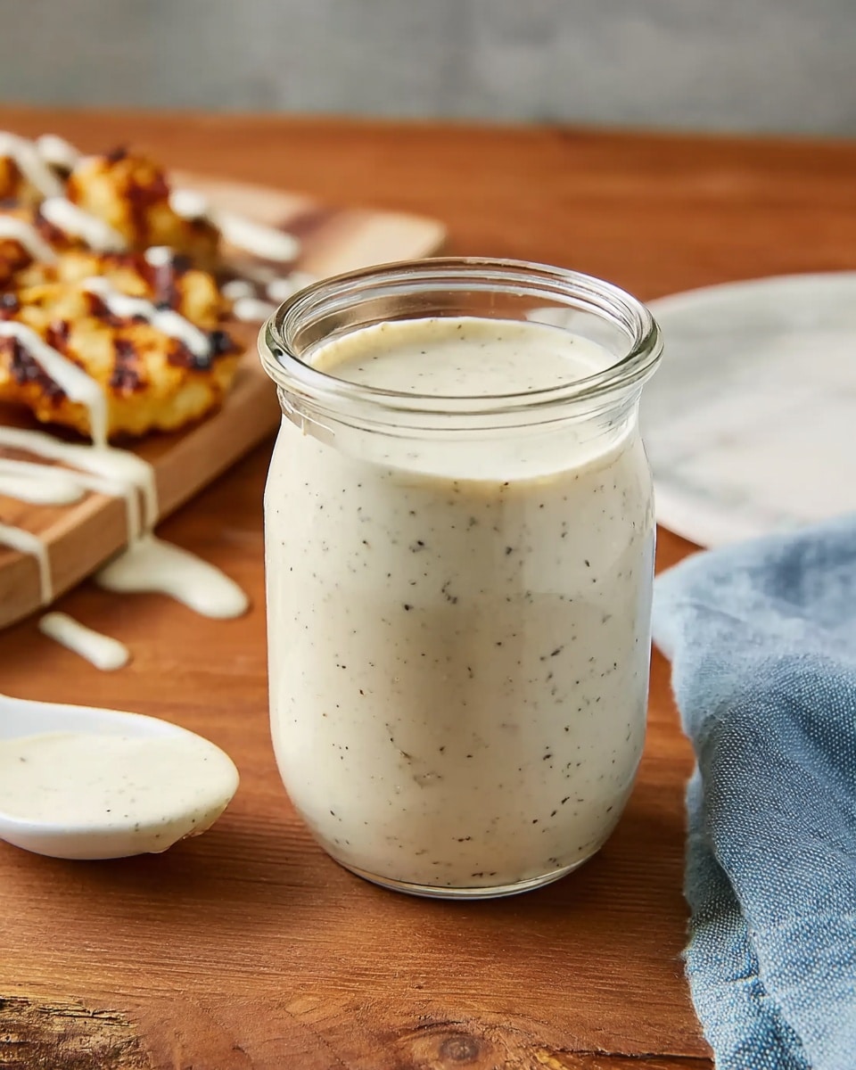 A clear glass jar filled with creamy white sauce dotted with small black pepper specks, the jar placed in the center of the image on a wooden surface; in the background, grilled brown and golden food pieces are drizzled with the same white sauce on a wooden board; to the right, a white spoon also holds some of the creamy sauce, all set on a white marbled surface with a light blue cloth partially visible. photo taken with an iphone --ar 4:5 --v 7