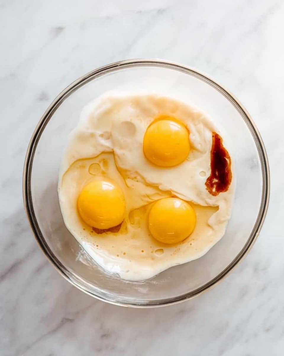 A clear glass bowl sits on a white marbled surface, holding three raw eggs with bright yellow yolks and translucent whites spread evenly around them. There is a splash of dark brown liquid near the edge of one yolk, blending slightly into the egg whites, showing contrast in color. The glass bowl’s curved edges are smooth and visible, giving a soft shine under light. photo taken with an iphone --ar 4:5 --v 7