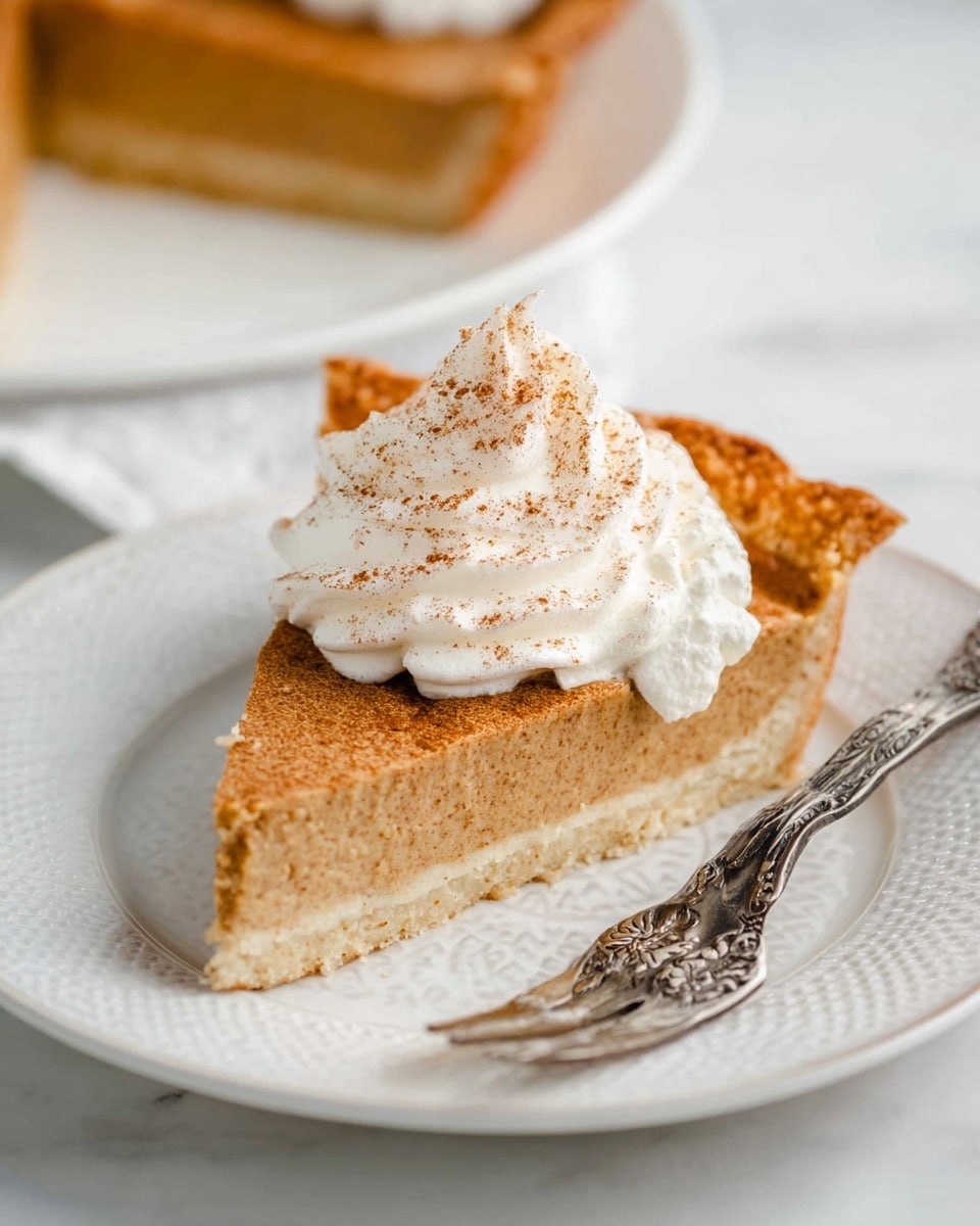 A single slice of pumpkin pie sits centered on a white plate with a textured rim, showing two layers: the bottom pale golden crust and the thick, light brown spiced pumpkin filling above it. On top of the slice is a tall swirl of white whipped cream, dusted lightly with cinnamon powder. The crust edge looks flaky and golden, and a silver fork and spoon with ornate handles rest at the front edge of the plate. The background is a soft white marbled surface, and part of the remaining whole pie is visible blurred in the distance. photo taken with an iphone --ar 4:5 --v 7